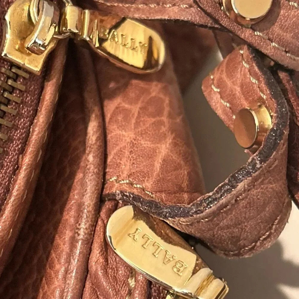 Bally Pebbled Leather Double Circle Crossbody Bag Cognac Brown Quiet Luxury